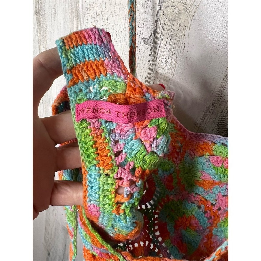 Brenda Thomson Crochet Halter Crop Top Multi Color Beaded Boho Festival Womens - Picture 8 of 8